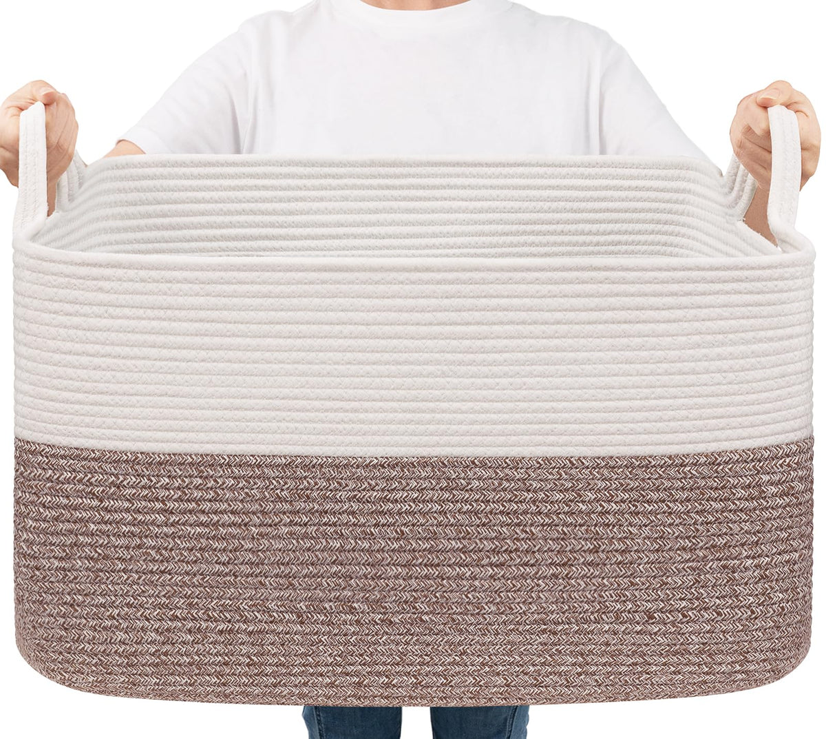 Goodpick Large Woven Rope Blanket Basket, Rectangle, White & Light Brown