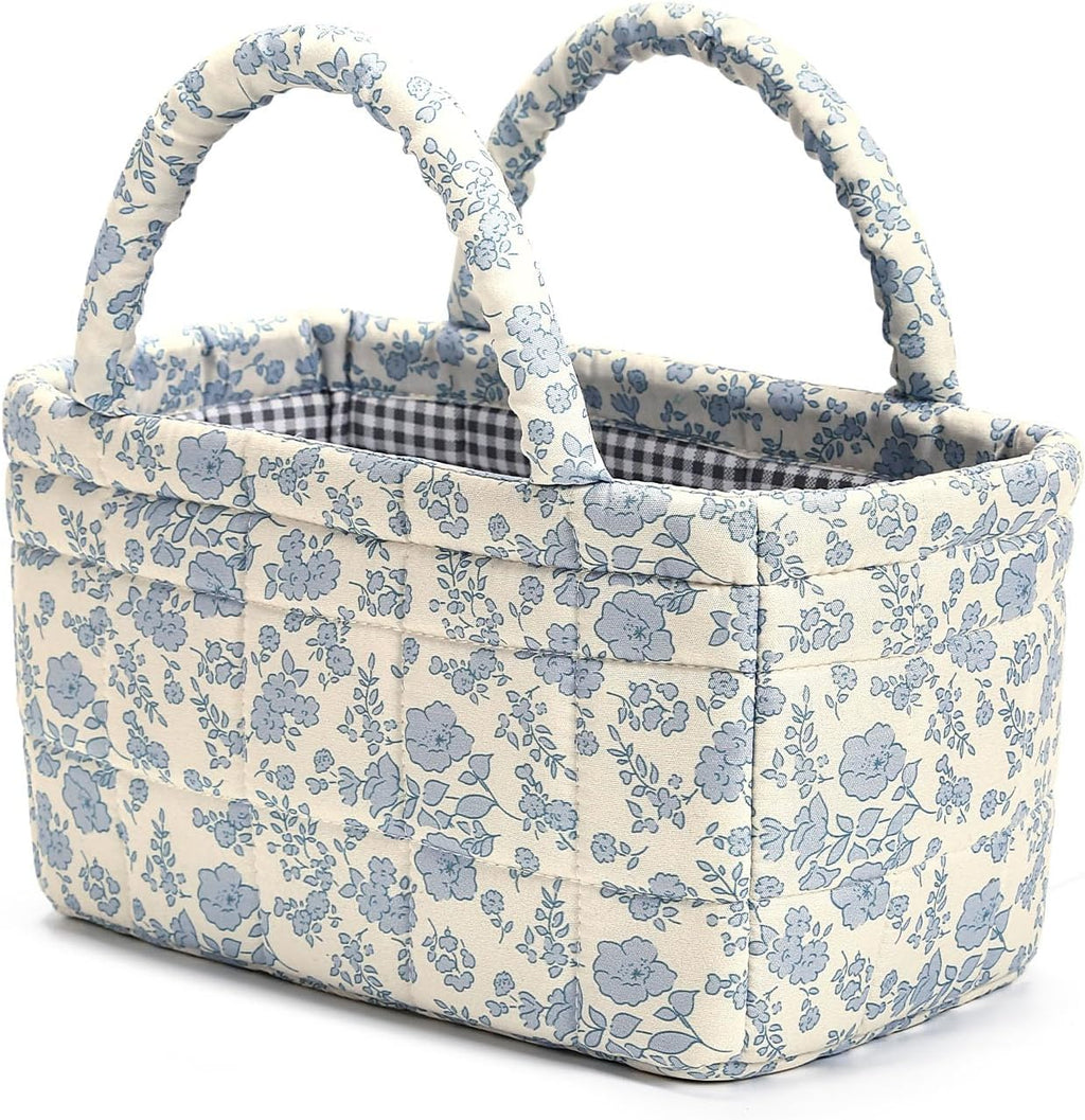 Small Storage Basket Organizer, Mini Fabric Floral Storage Baskets with Handle, Quilted Portable Collapsible Storage (Blue Floral)