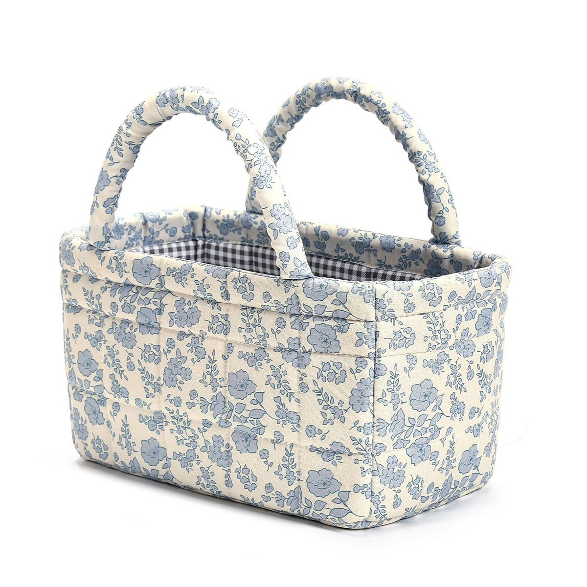 Small Storage Basket Organizer, Mini Fabric Floral Storage Baskets with Handle, Quilted Portable Collapsible Storage (Blue Floral)