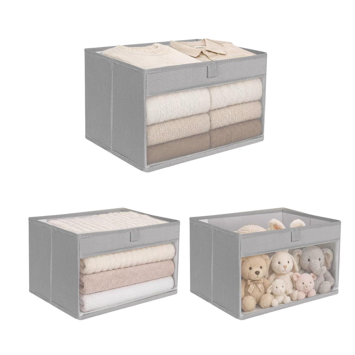 WUIKE Closet Storage Bins with Clear Window, Beige, Large, 3-Pack