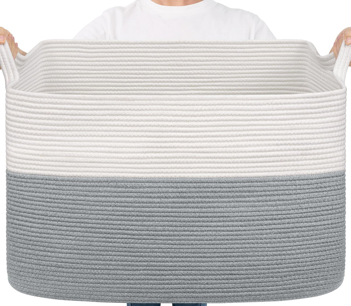 Goodpick Large Woven Rope Blanket Basket, Rectangle, White & Light Brown