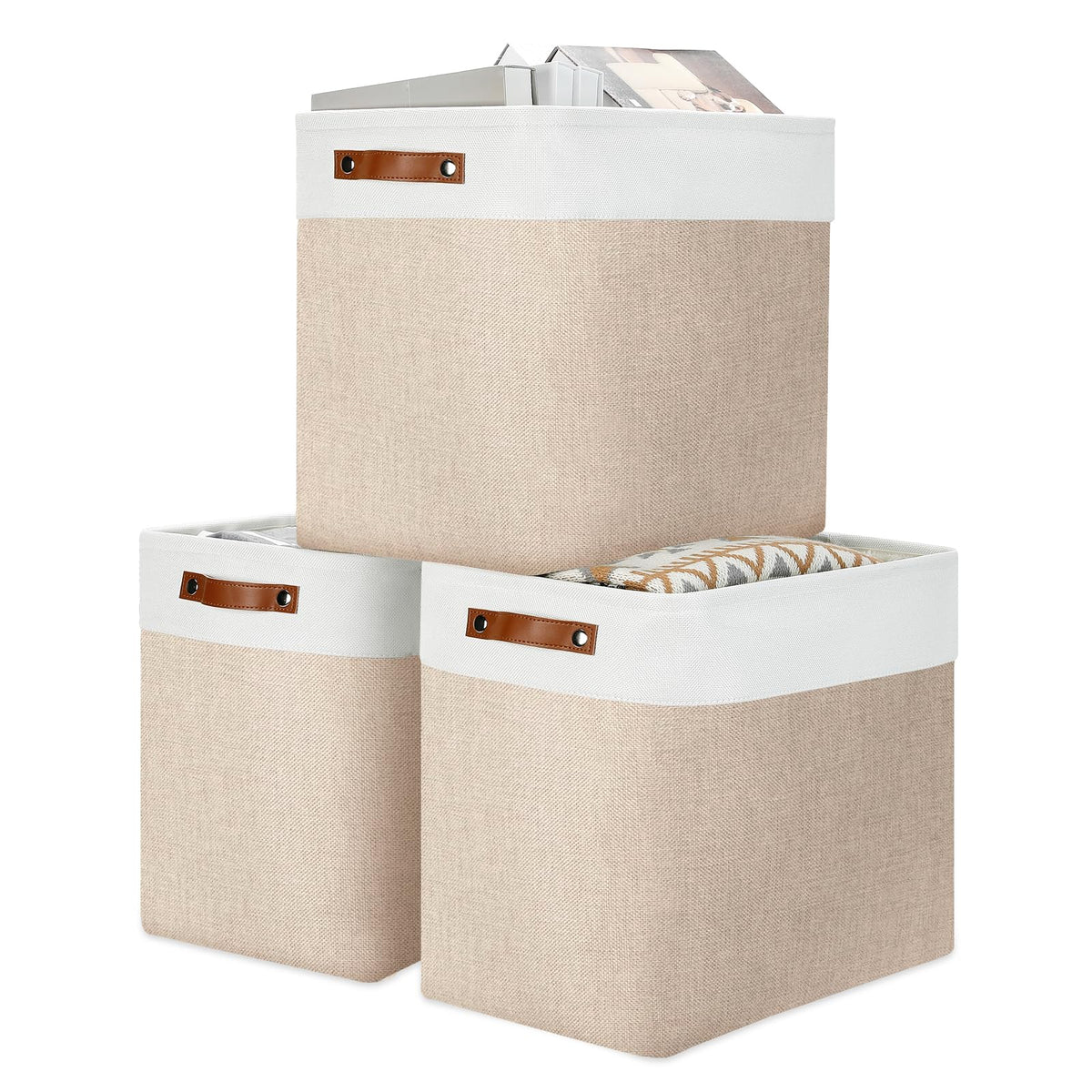 DULLEMELO Fabric Storage Bins for Laundry, Home, Foldable Storage Baskets for Shelves, Toys, Collapsible Storage Bins for Office, Closet,Bedroom(White&Khaki,L-15"x11"x9.5",4-Pack)