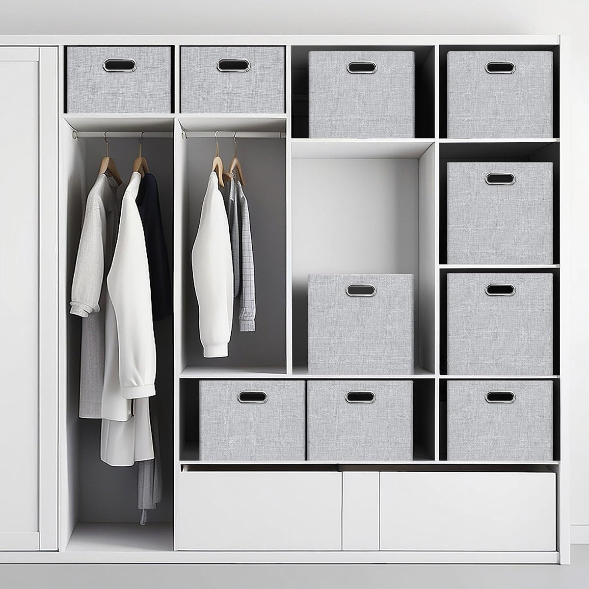 Posprica Closet Organizers and Storage, 4 Pack Large Linen Storage Bins, Decorative Shelf Storage Baskets for Organizing, Foldable Fabric Storage Box for Clothes, 15x10.5x8.25 Inch(Grey)