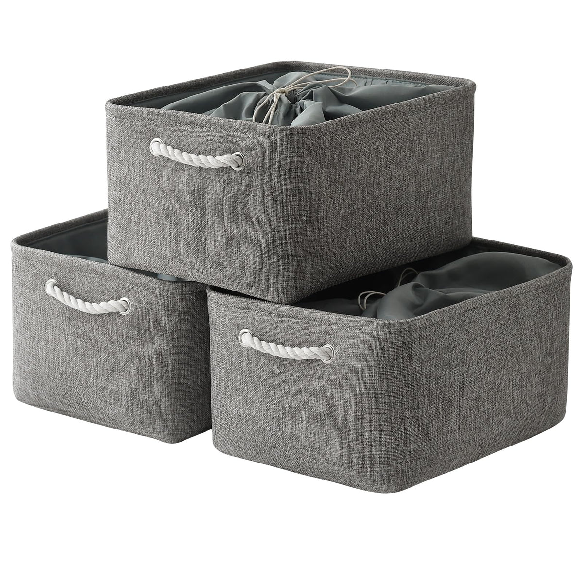 TheWarmHome Storage Basket for Organizing - Medium 3 Pack 14x10x7 inch Fabric Storage Cubes for Shelves with Rope, Collapsible Storage Bin for Organizer Closet Cloth Gift Toy (White & Jean Blue)