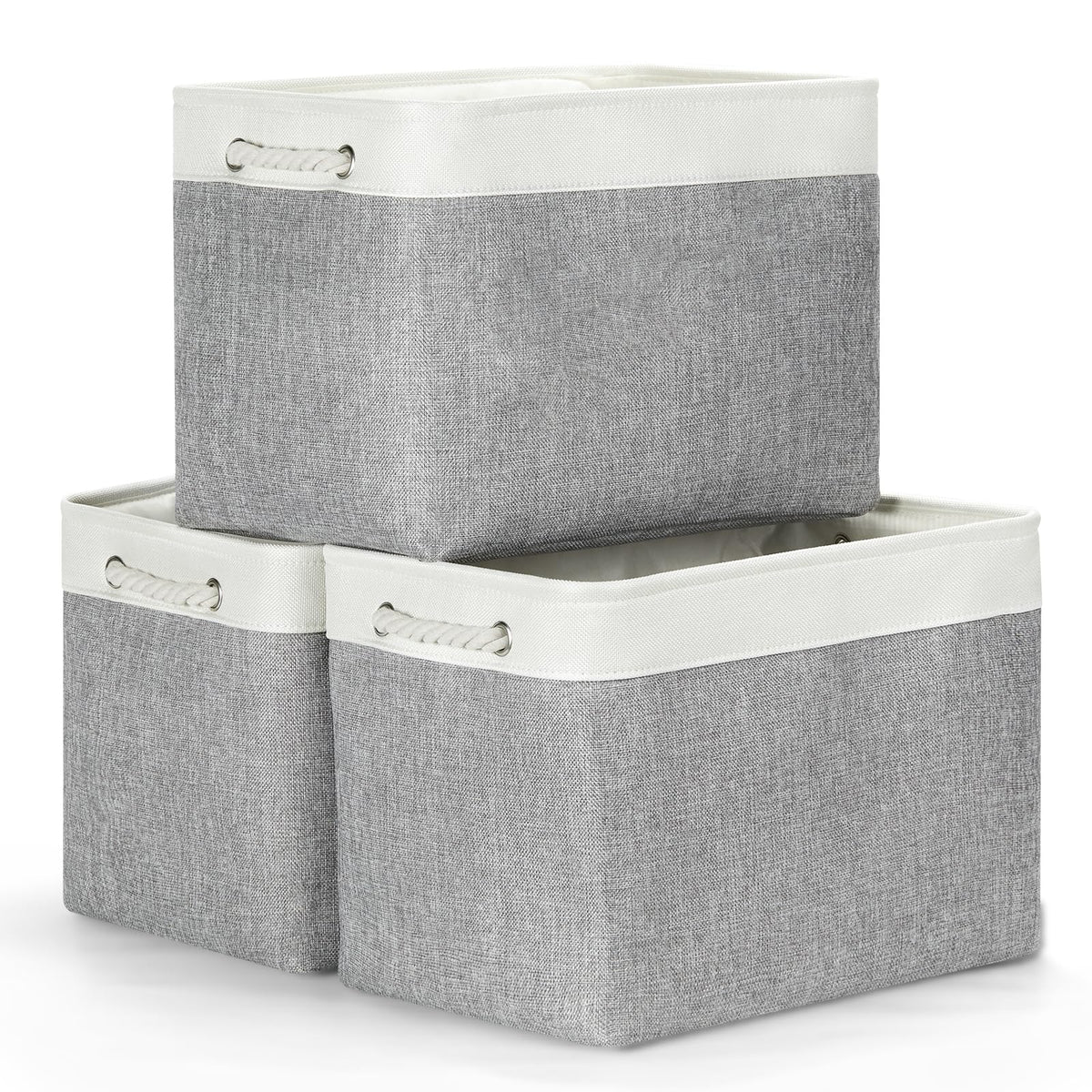 Bidtakay Baskets Set of 3 Storage Baskets for Organizing Large Fabric Storage Bins for Shelves Decorative Canvas Bins Collapsible Empty Baskets for Closet,Nursery,Clothes,Toys,Shoes(White&Grey)