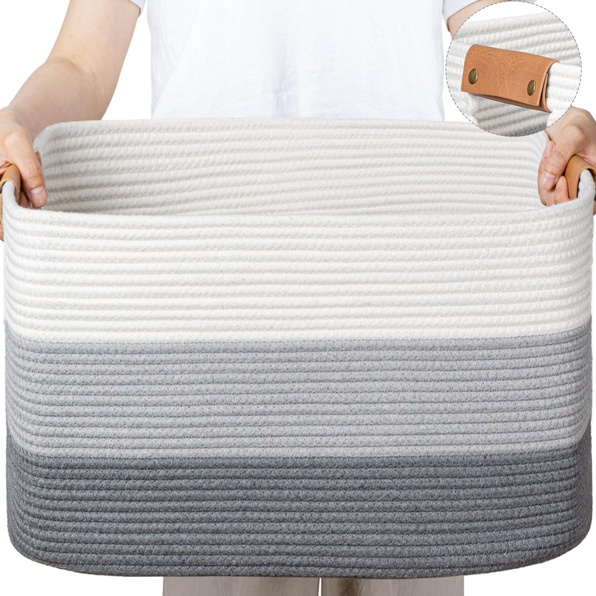 danpinera Blanket Basket, 72L Woven Storage basket with Leather Handle, Eco-friendly Decorative Storage Organization in Bathroom & Living Room for Towels 22 ''*17 ''*11.8 '', Gradient Brown