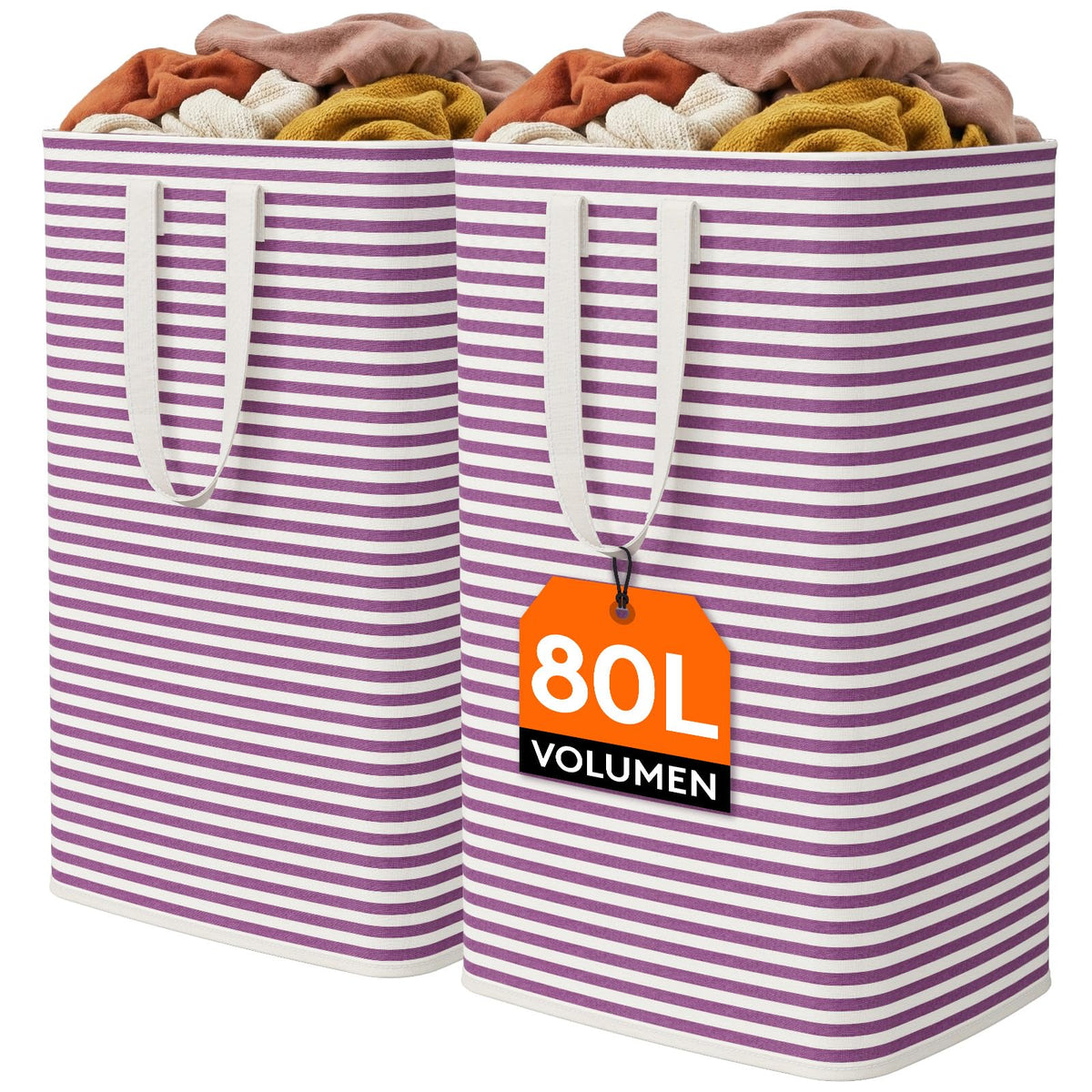 Lifewit 80L Large Laundry Baskets, 2 Pack, Reinforced Handles, Grey