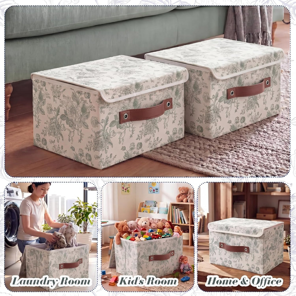 2 Pack Sage Green Floral Storage Bin with Lids, 15x10x10 Inch