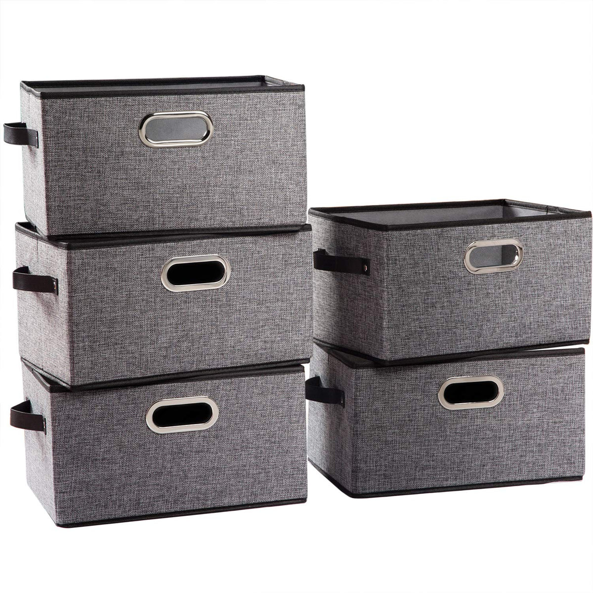 PRANDOM Large Foldable Storage Bins for Shelves [3-pack] Decorative Linen Fabric Storage Baskets Cubes with Leather/Metal Handles for Closet Nursery Office Grey and Black Trim (14.9x9.8x8.3 Inch)