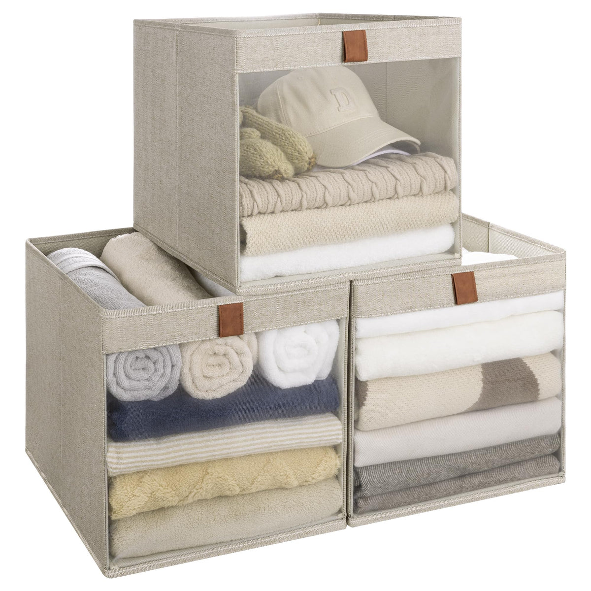 StorageWorks Fabric Storage Bins with Clear Window, Beige, 3-Pack