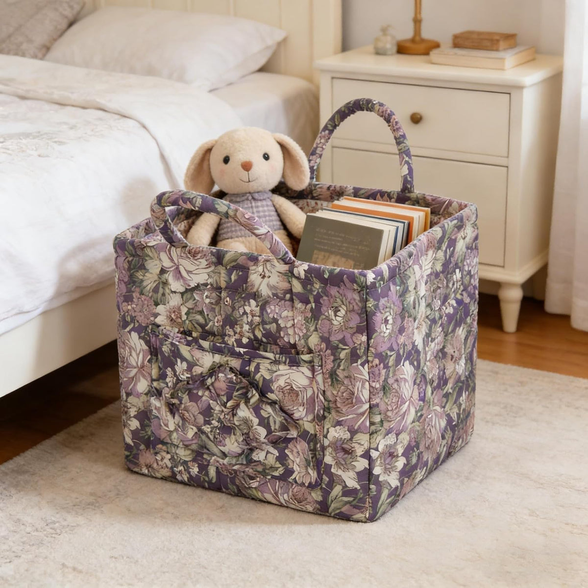 Quilted Laundry Basket with Handles - Multi-Purpose Fabric Storage Basket，Boho Fabric Storage Baskets with Handles for Car, Home & Nursery - Collapsible Square Organizer (Purple)