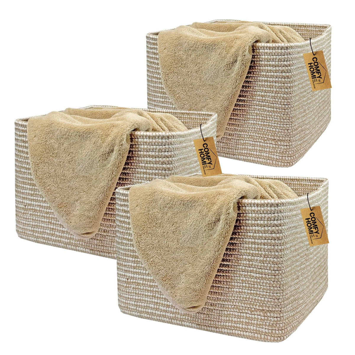 COMFY-HOMI 3PACK Cotton Rope Square Basket with Handles for Shelves|Dog Toy Bin and Storage|Baby Gift|Shoe Organizer|New 13.5" x 11" x 9.5" for Living Room (Black/Jute)