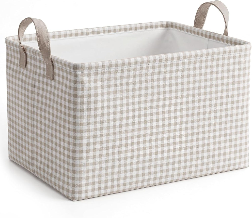 Hushee Khaki Gingham Basket Checkered Storage Collapsible Bin with Handles