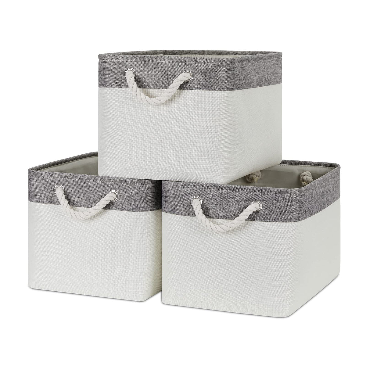 Bidtakay Baskets Set of 3 Storage Baskets for Organizing Large Fabric Storage Bins for Shelves Decorative Canvas Bins Collapsible Empty Baskets for Closet,Nursery,Clothes,Toys,Shoes(White&Grey)