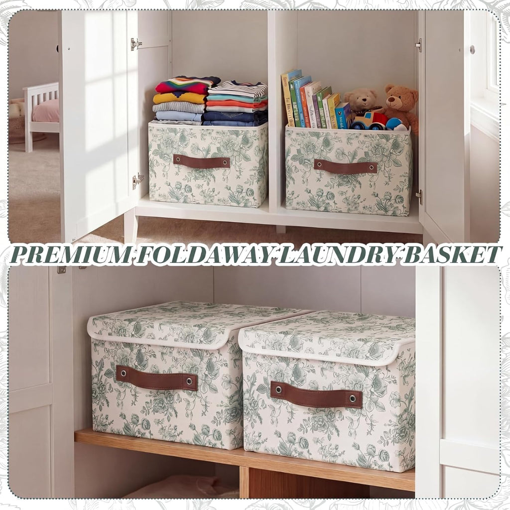 2 Pack Sage Green Floral Storage Bin with Lids, 15x10x10 Inch