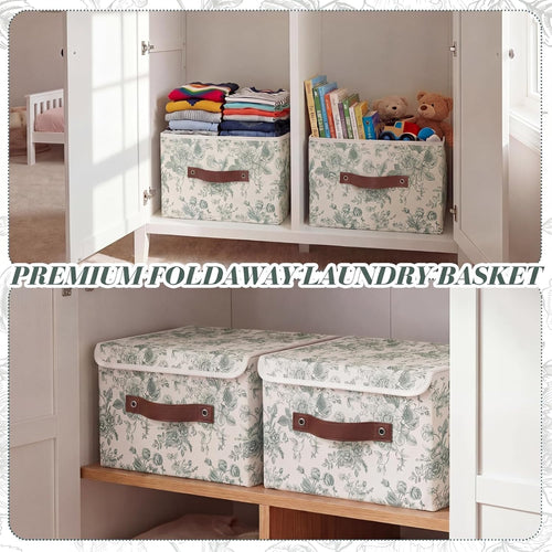 2 Pack Sage Green Floral Storage Bin with Lids, 15x10x10 Inch