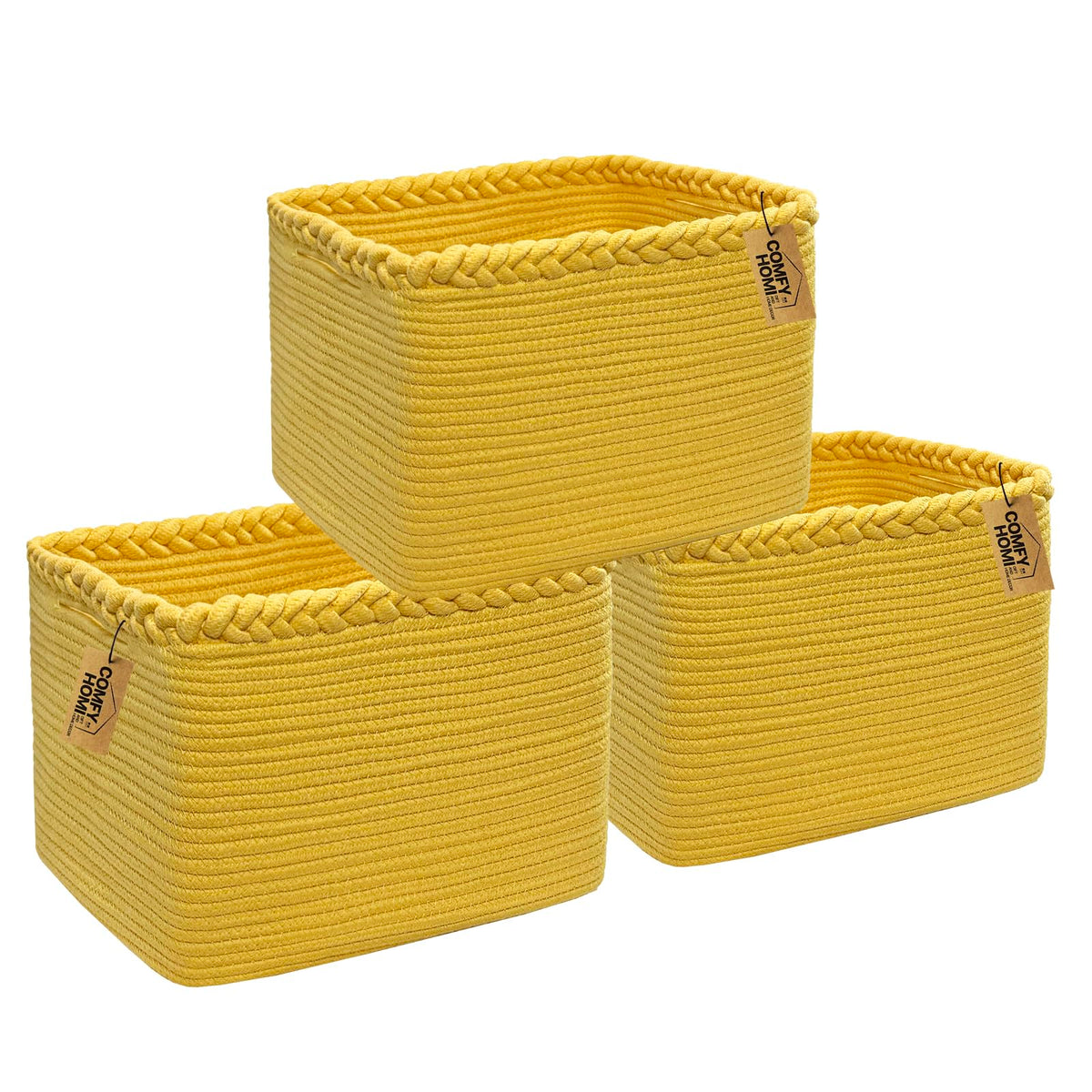 COMFY-HOMI 3PACK Cotton Rope Square Basket with Handles for Shelves|Dog Toy Bin and Storage|Baby Gift|Shoe Organizer|New 13.5" x 11" x 9.5" for Living Room (Black/Jute)