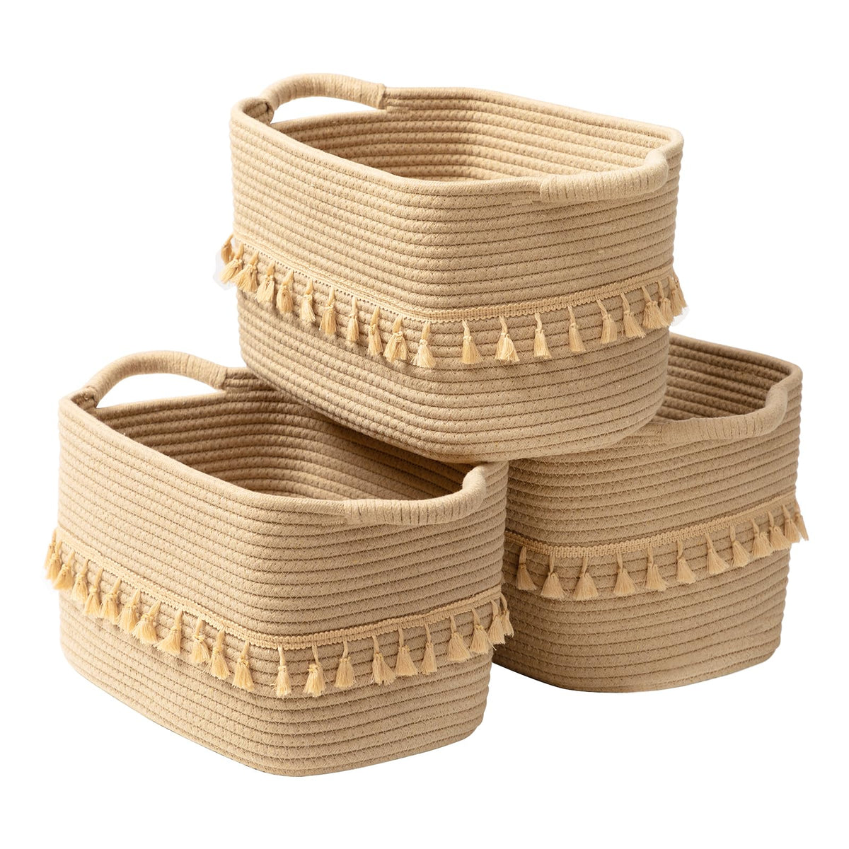 TeoKJ Woven Storage Bin Set of 3, Cotton Rope Basket for Storage, Clothes Boho Basket Bin for Organizing, Fabric Basket for Books, Plants, Pet Treats, White & Jute