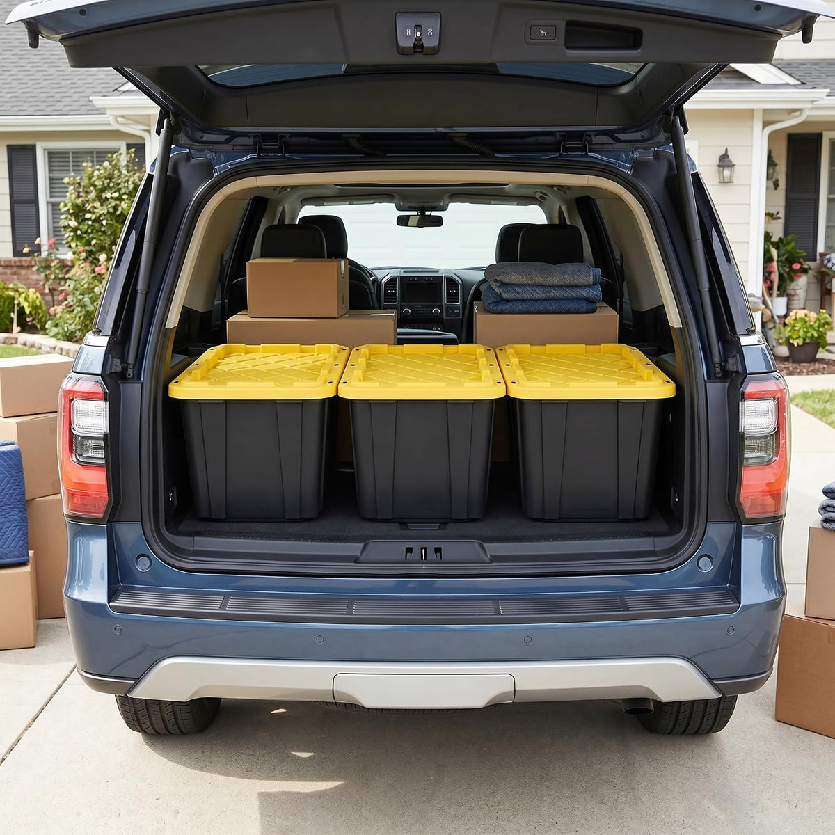 6 Pack 27 Gallon Heavy Duty Storage Bins with Snap Lids, Durable Plastic Storage Totes with Stackable Black Containers & Yellow Latching Covers for Home Garage Moving Organization