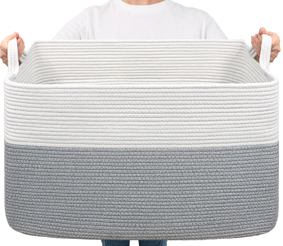 Goodpick Large Woven Rope Blanket Basket, Rectangle, White & Light Brown