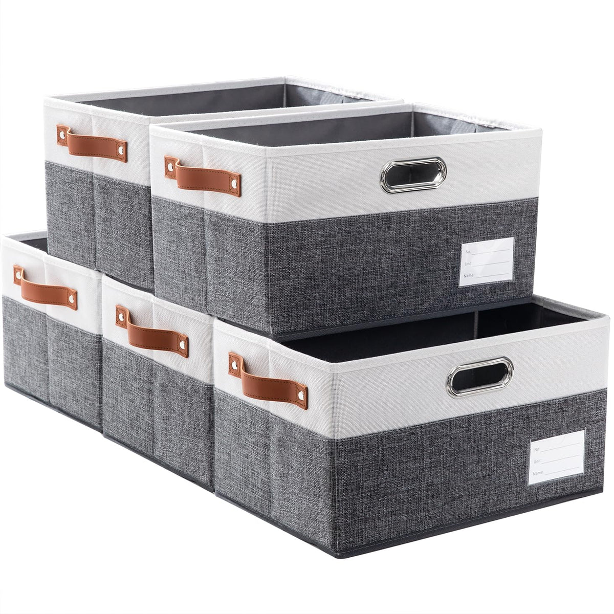 PRANDOM Large Foldable Storage Bins for Shelves [3-pack] Decorative Linen Fabric Storage Baskets Cubes with Leather/Metal Handles for Closet Nursery Office Grey and Black Trim (14.9x9.8x8.3 Inch)