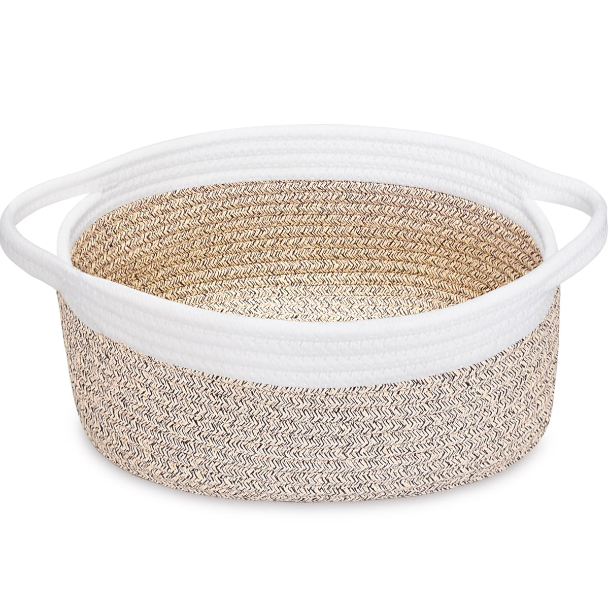 ABenkle Small Basket with Handles, Boho Decorative Rope Woven Dog Cat Toy Storage Bin Shelf Storage Organizer, Easter Christmas Gift Basket, 12"x8"x5", White