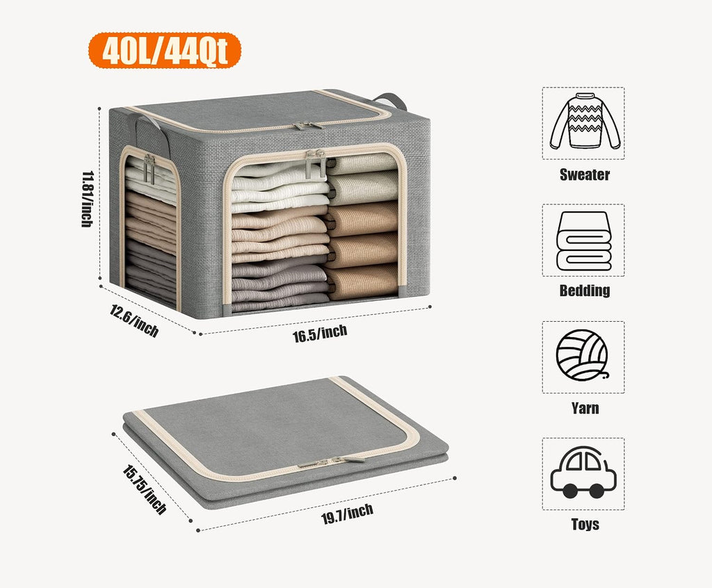 3 Openings Clothes Storage Bins with Metal Frame, Foldable Storage Bin for Clothes, Clothing Storage Bins with Lid, Linen Storage Box With Clear Window＆ Zippers＆ Durable Handles.(3 Pcs,Light Grey,40L)