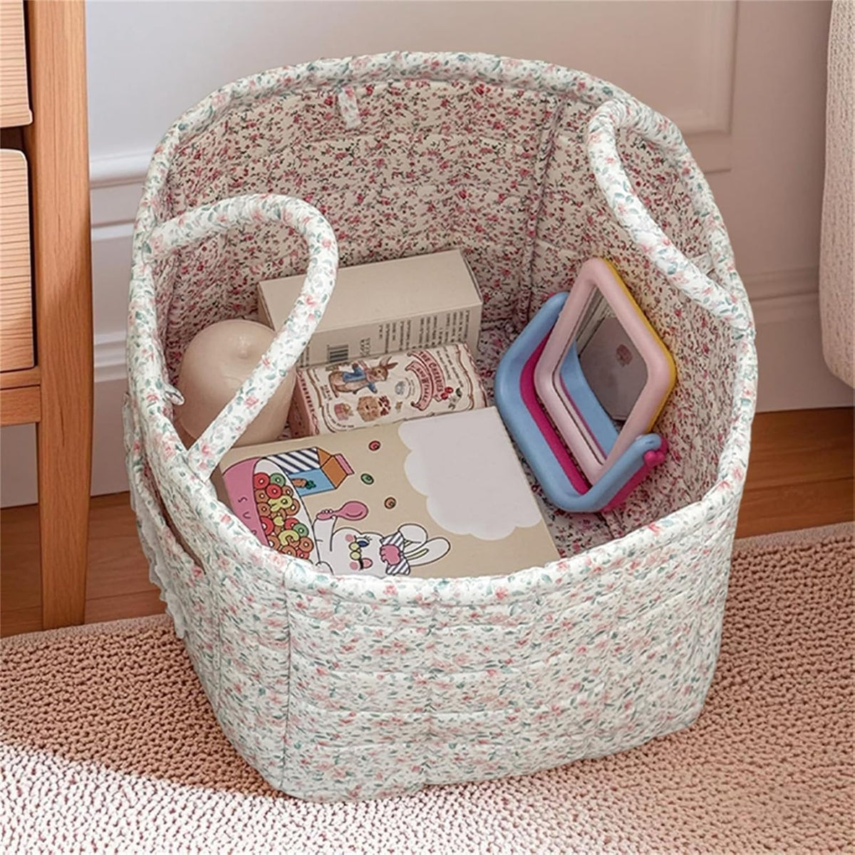 Boho Fabric Storage Basket Quilted Floral Print Baskets Organizer Bin with Handles for Home, Picnic, Shopping (Green, L)