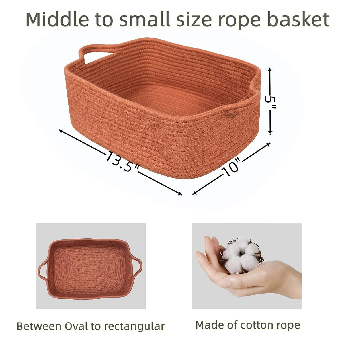 XUANGUO Medium Woven Cotton Rope Storage Basket with Handles, Rust