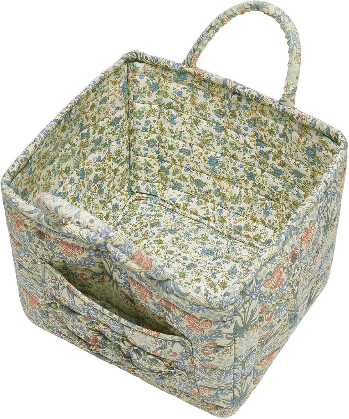 Quilted Fabric Storage Baskets with Handles, Boho Floral Gift Basket Foldable Organizer Bin for Home Decor, Picnic, Travel 12''x10''x10'' (Light Green)