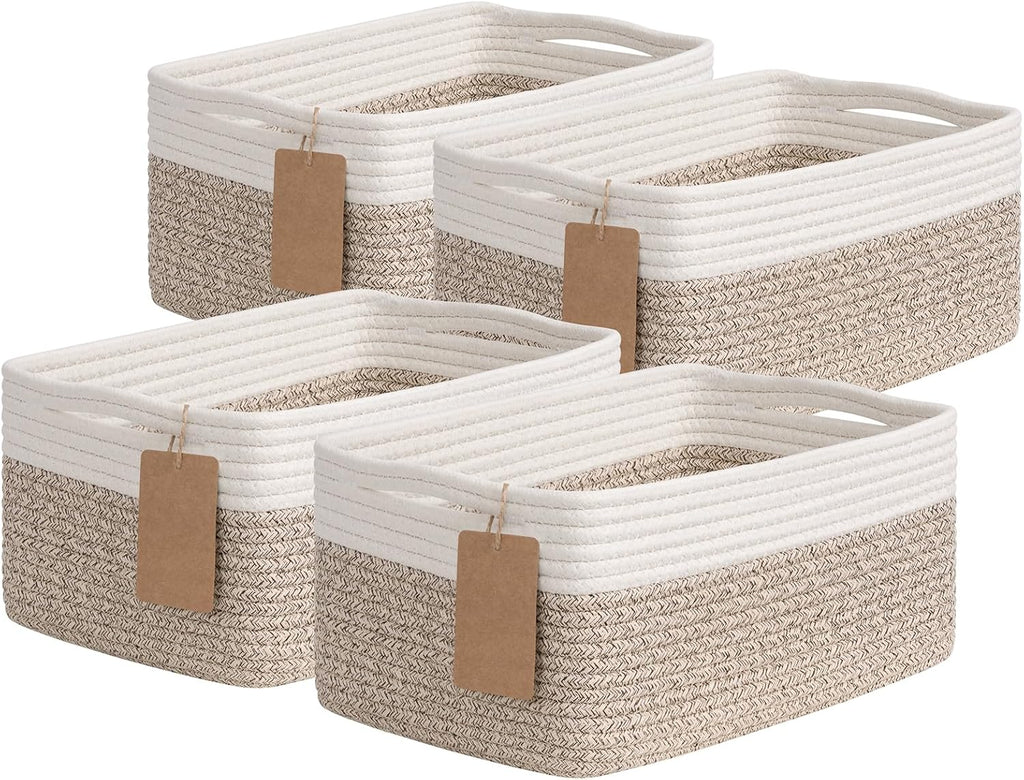 Goodpick 4 Pack Storage Baskets for Organizing Shelves, Light Brown & White
