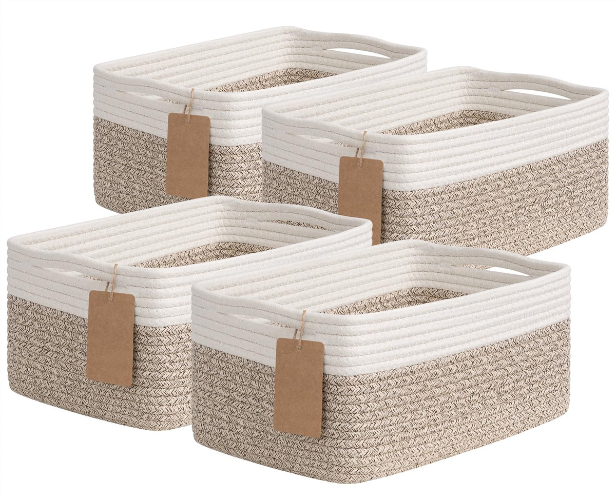 Goodpick 4 Pack Storage Baskets for Organizing Shelves, Light Brown & White