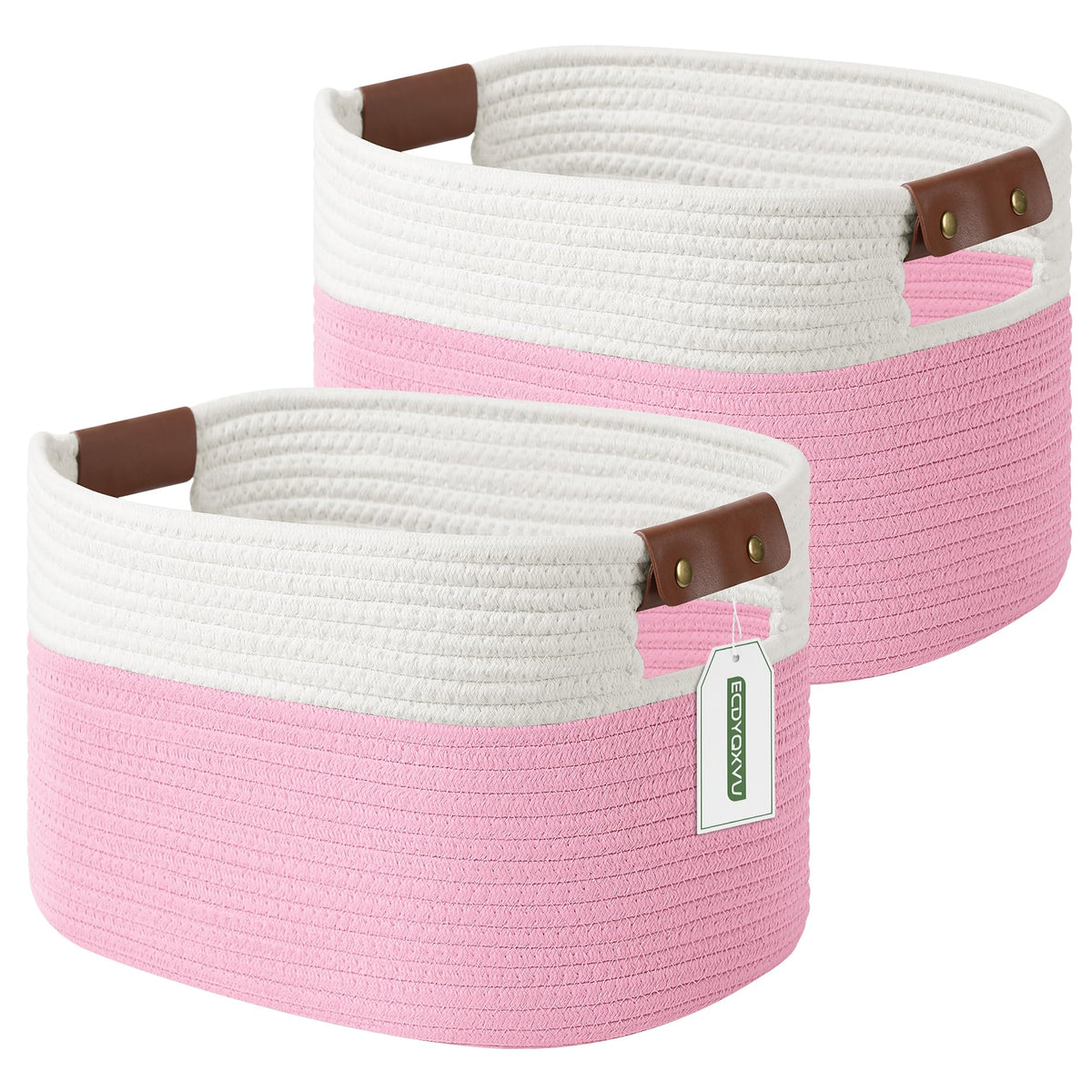 ECDYQXVU 15x10x9 Woven Cotton Rope Storage Basket, Leather Handles 1 Pack
