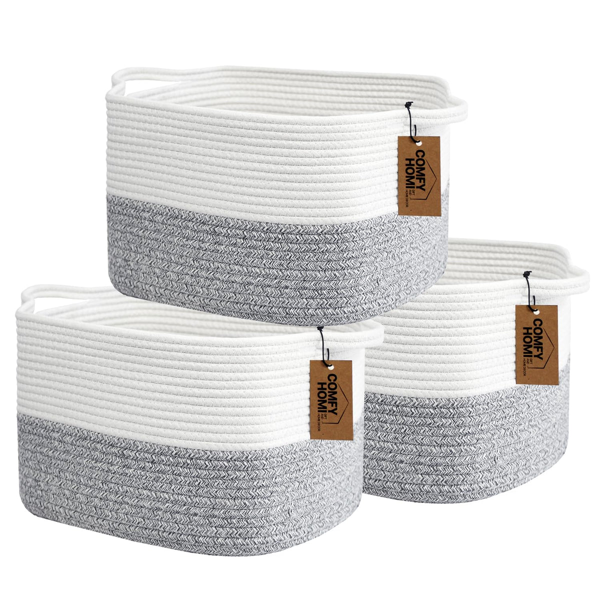COMFY-HOMI 3PACK Cotton Rope Square Basket with Handles for Shelves|Dog Toy Bin and Storage|Baby Gift|Shoe Organizer|New 13.5" x 11" x 9.5" for Living Room (Black/Jute)