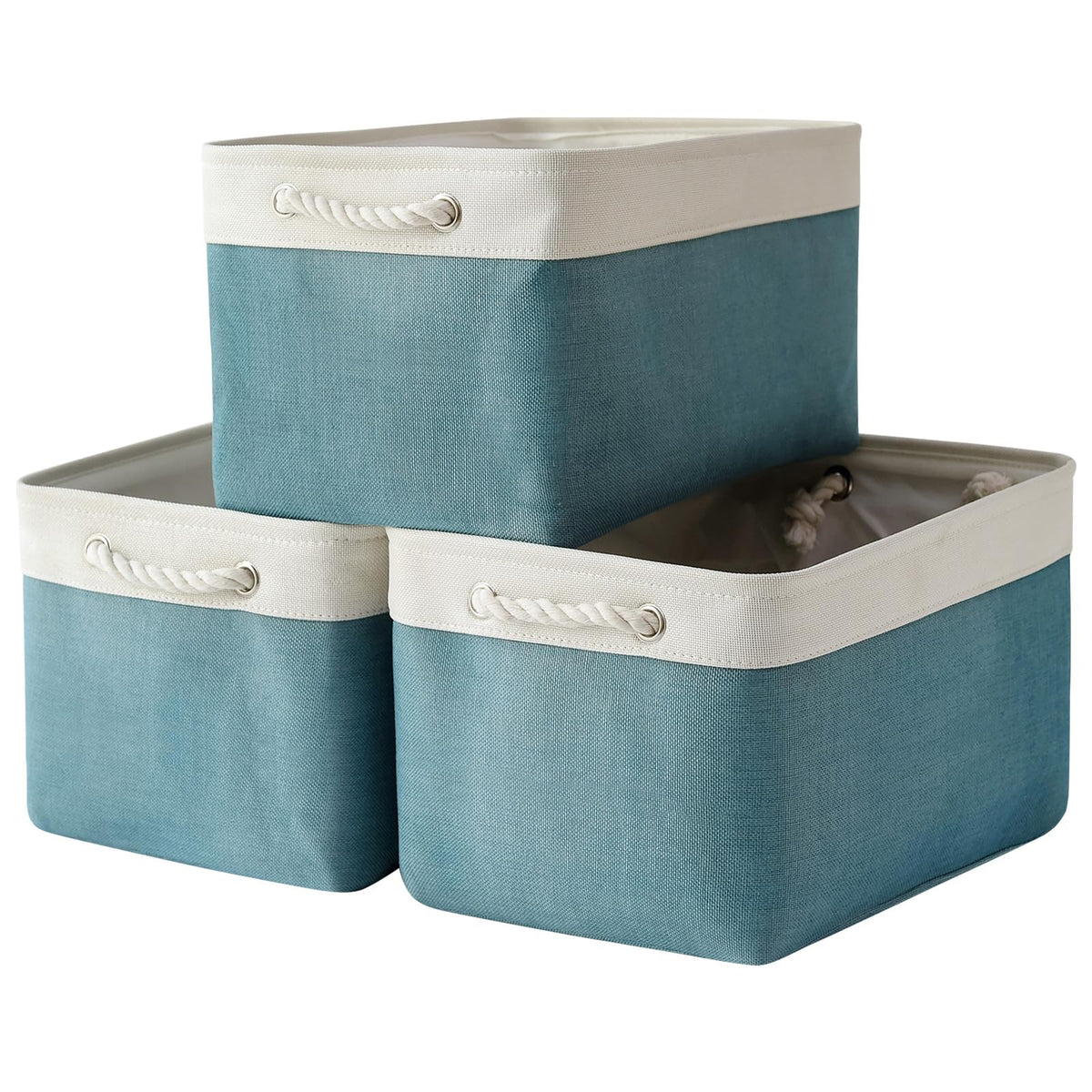 TheWarmHome Storage Basket for Organizing - Medium 3 Pack 14x10x7 inch Fabric Storage Cubes for Shelves with Rope, Collapsible Storage Bin for Organizer Closet Cloth Gift Toy (White & Jean Blue)