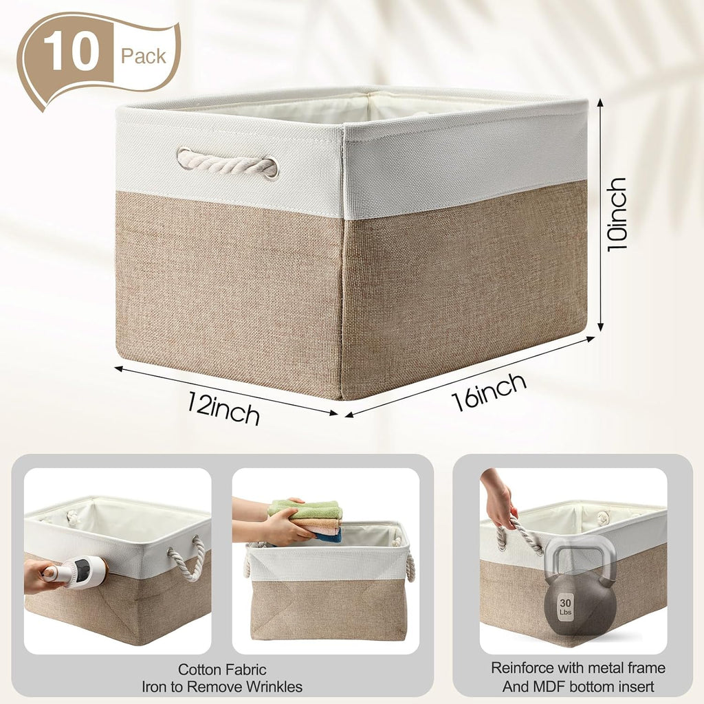FoldTier 10 Pack Large Collapsible Fabric Storage Baskets with Handles Decorative Storage Bins for Organizing Shelves Toys Clothes(White & Beige,16 x 12 x 10 Inches)