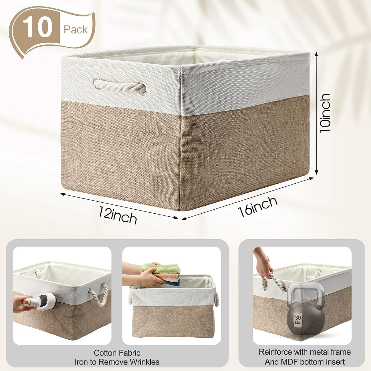 FoldTier 10 Pack Large Collapsible Fabric Storage Baskets with Handles Decorative Storage Bins for Organizing Shelves Toys Clothes(White & Beige,16 x 12 x 10 Inches)