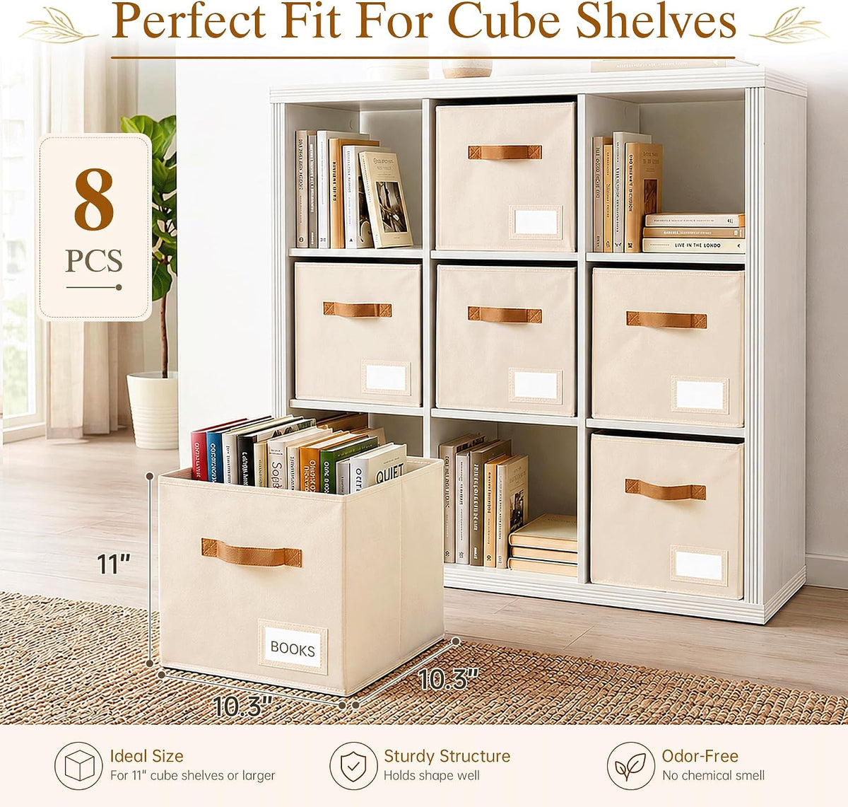 Storage Cubes 8 Pack, 11 Inch Fabric Storage Cubes Organizer Bins with Labels, Odor-Free & Sturdy PP Structure, Cubby Baskets for Closet, Shelves, Toys & Nursery (Beige)