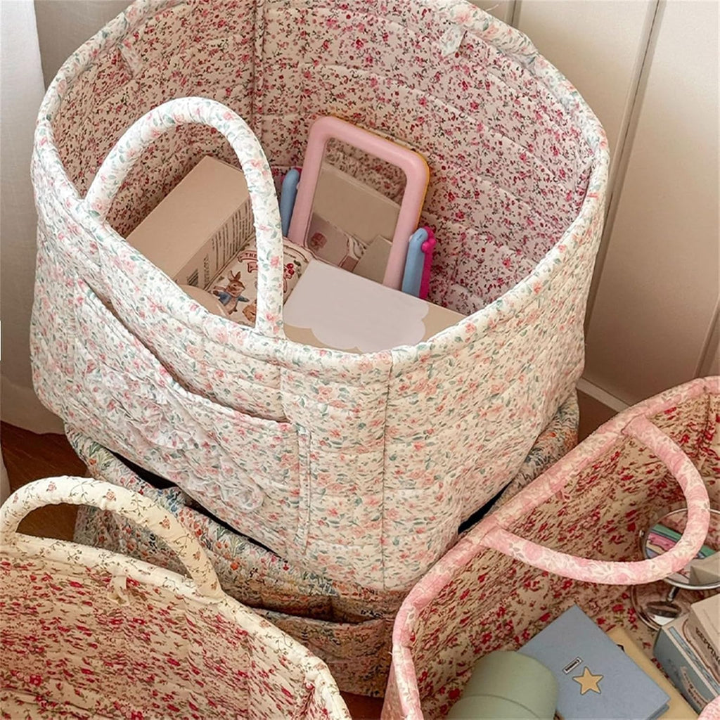 Quilted Fabric Storage Basket with Handles & Pocket, Foldable Laundry Hamper Boho Floral Print Organizer Bin for Home, Picnic, Office 12"x10"x10" (A-1)