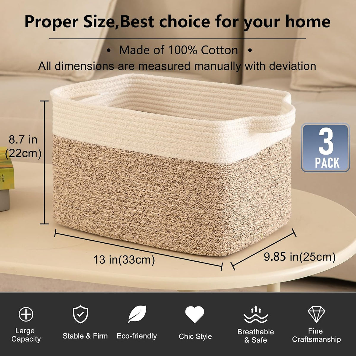 OIAHOMY 3-Pack Storage Basket Organizing Woven Basket for Shelves Brown