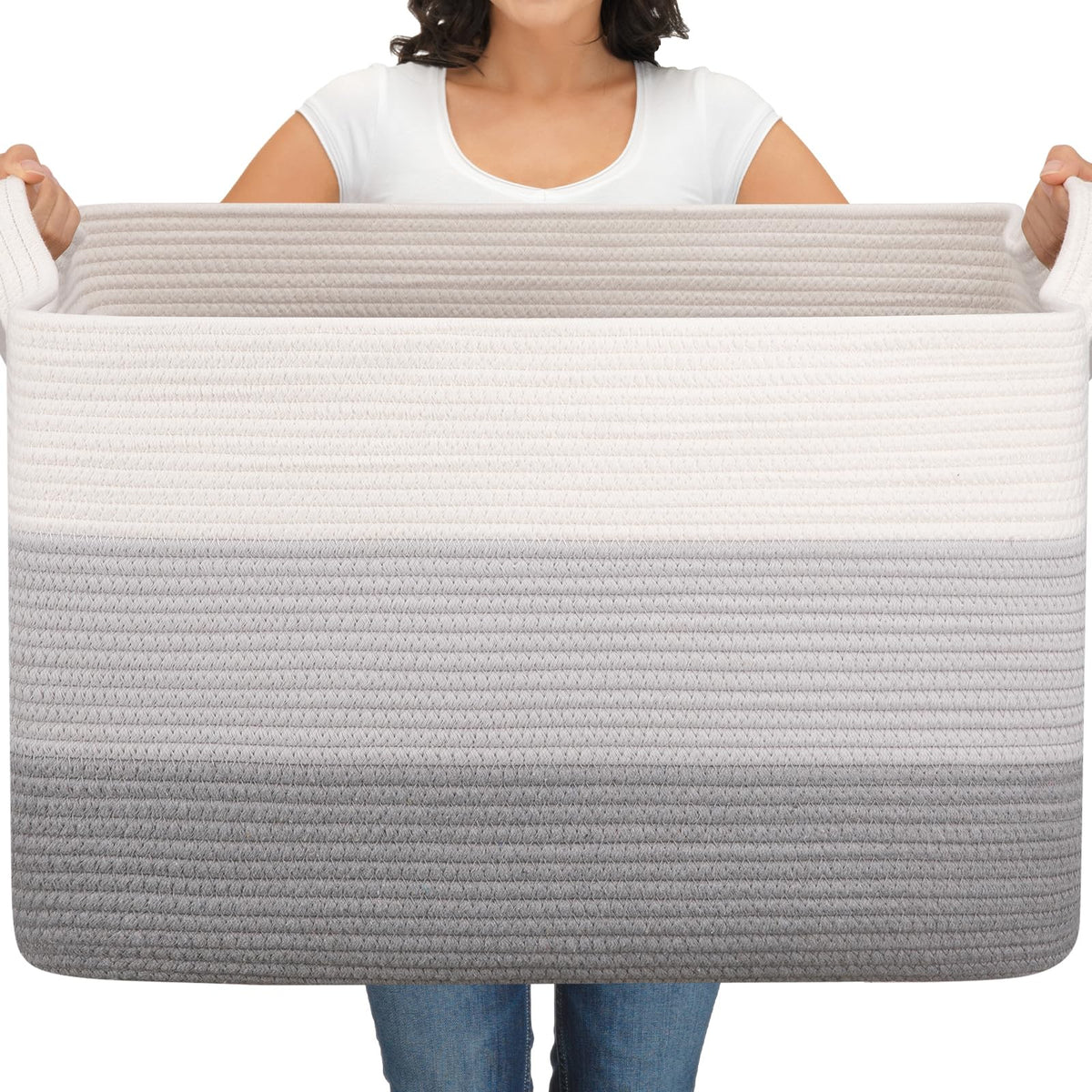 OIAHOMY Large Blanket Basket, 65L Cotton Rope Woven Laundry Basket, Toy Bin for Baby Room, Container for Blanket Storage in Living Room, 20''×16''×12'', Gradient Brown