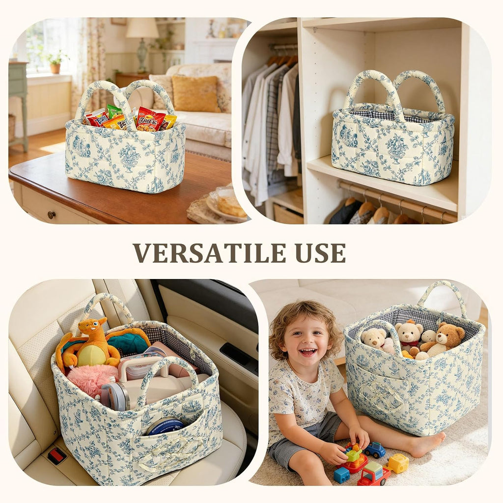 Fabric Storage Basket 2 Pack,Large and Mini Boho Laundry Nursery Hamper Portable Folding Organizer for Car Bedroom (Blue Vine)