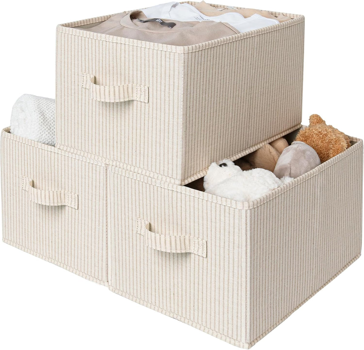 StorageWorks Shelf Organizer Bins, Beige Stripes, 3-Pack, Large