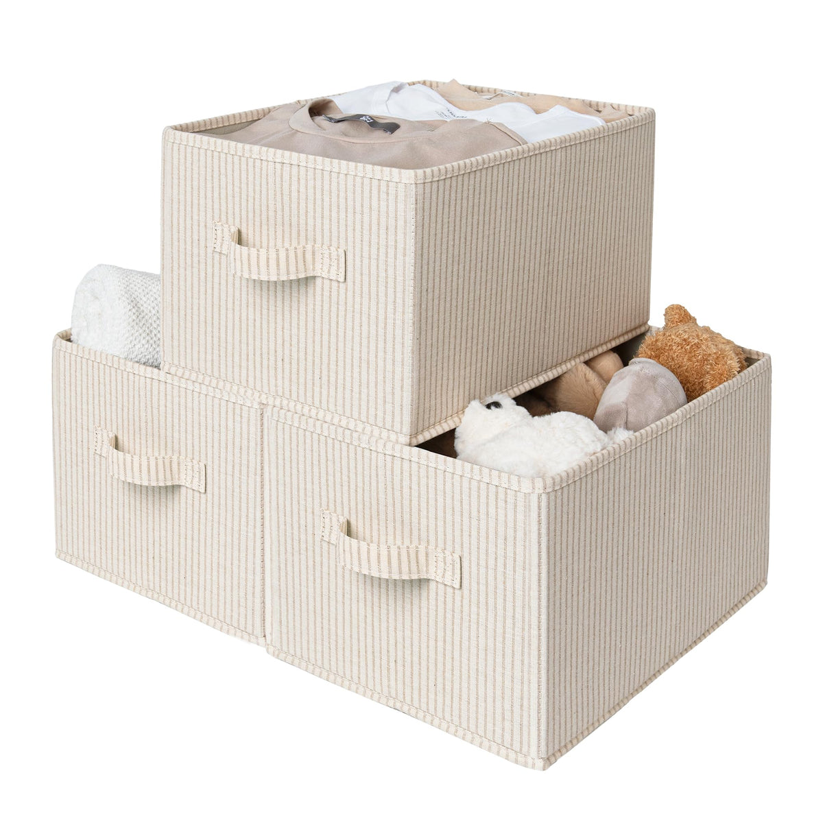 StorageWorks Shelf Organizer Bins, Beige Stripes, 3-Pack, Large