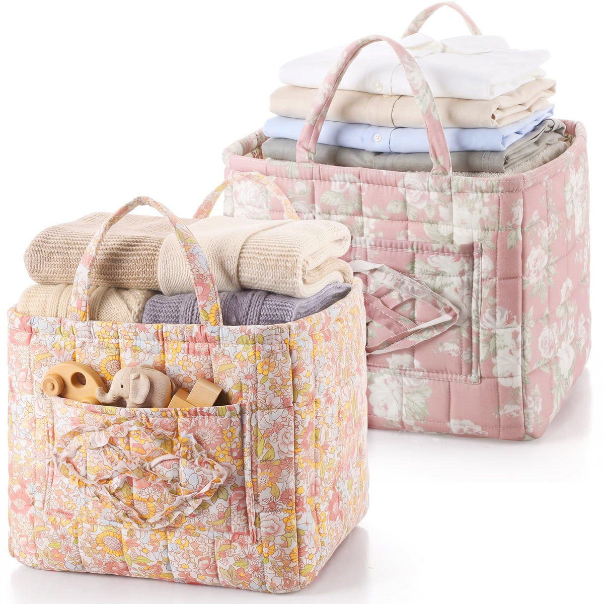 2 Pcs Boho Fabric Storage Basket, Blue & Pink Floral