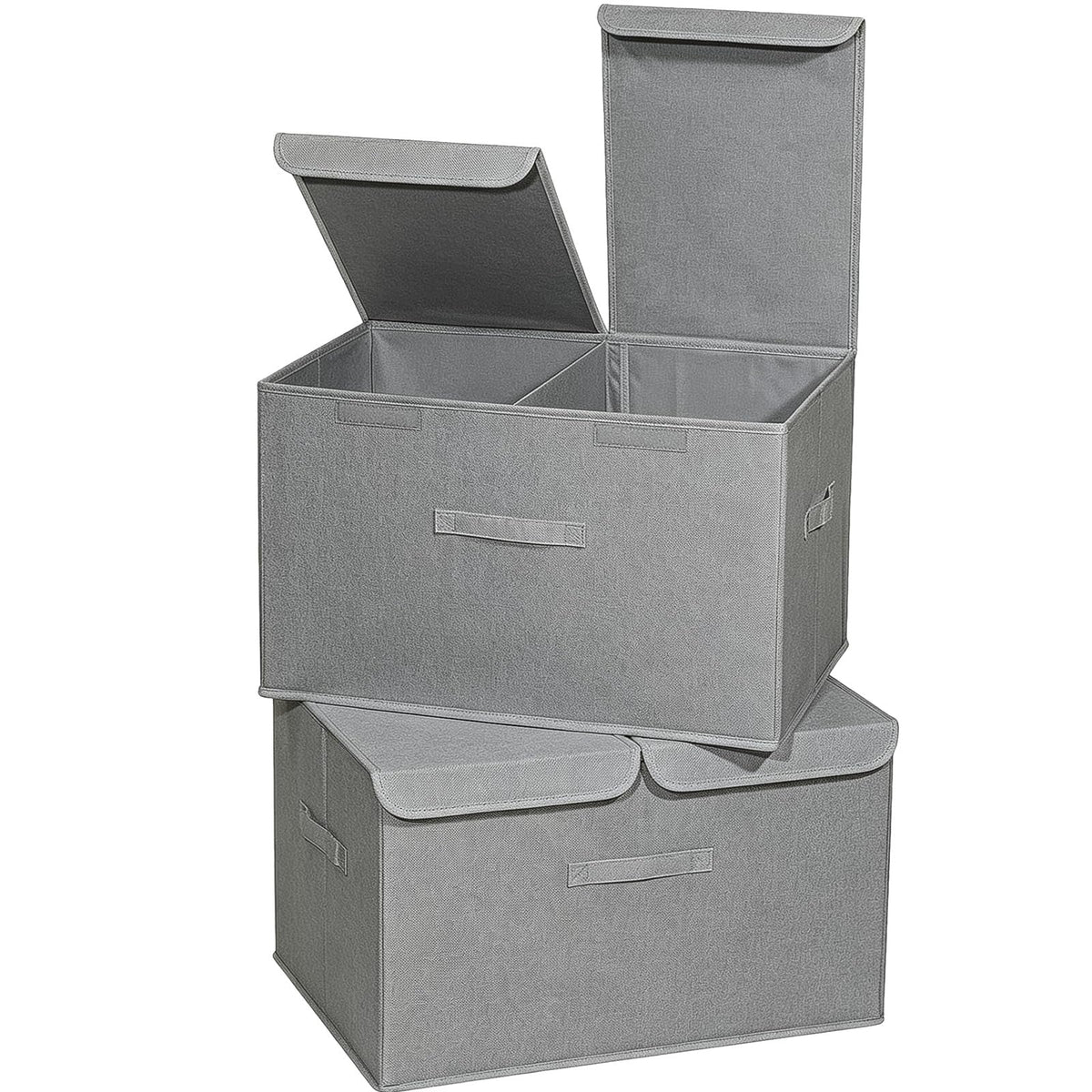 2 Pack Large Linen Fabric Collapsible Storage Bins with Lid and Handles, Washable Storage Box Baskets Cube with Removable Divider for Bedroom,Closet,Office,Living Room,Nursery (Black, Large)