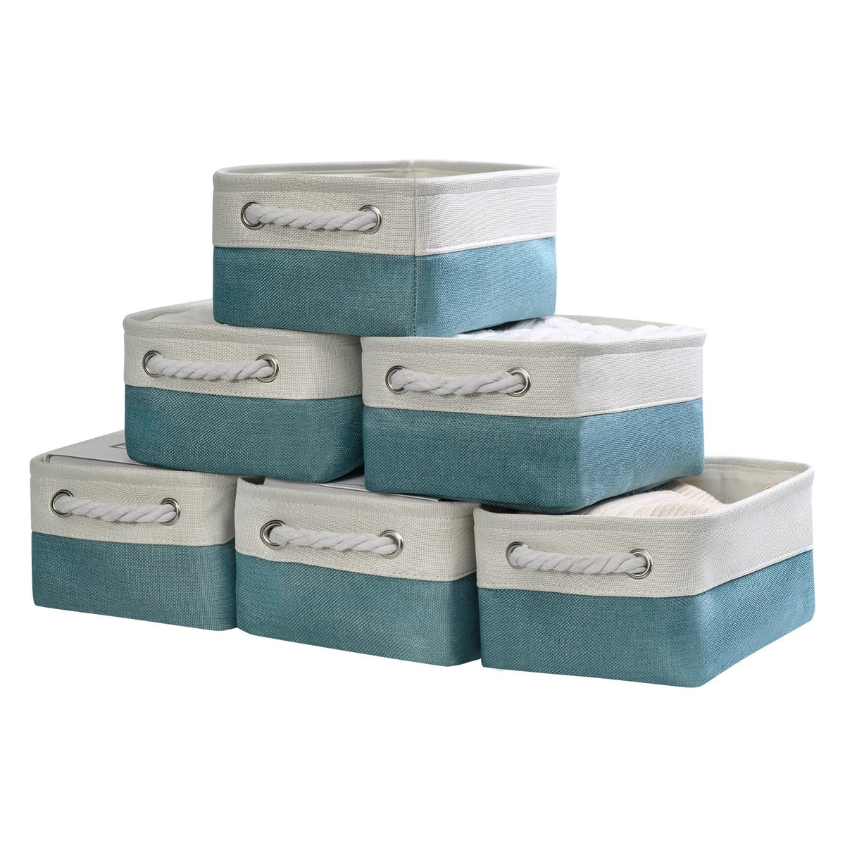 TheWarmHome Storage Basket for Organizing - Medium 3 Pack 14x10x7 inch Fabric Storage Cubes for Shelves with Rope, Collapsible Storage Bin for Organizer Closet Cloth Gift Toy (White & Jean Blue)