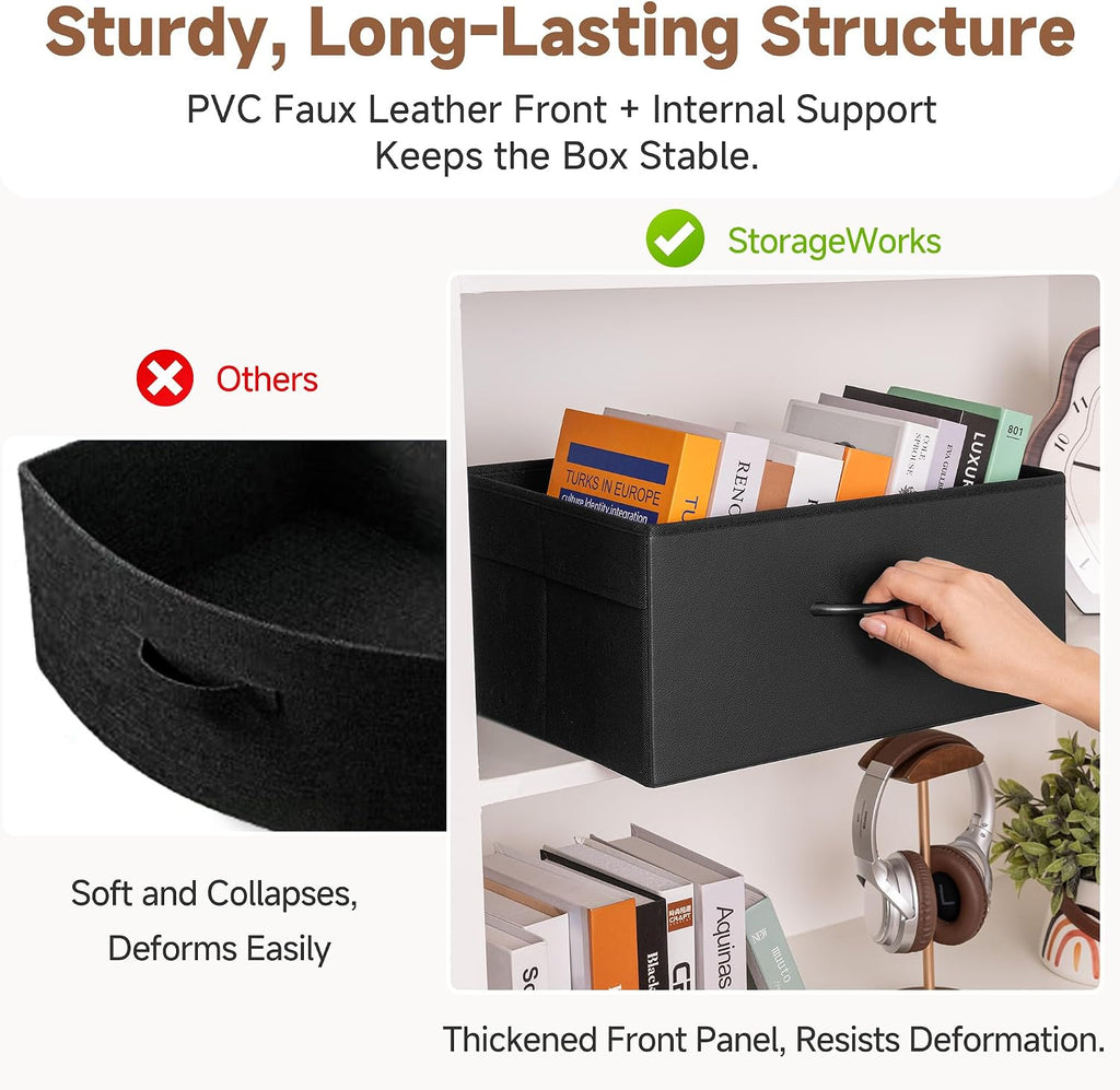 StorageWorks Black Storage Bins, Leather Storage Baskets, Large, 4-Pack