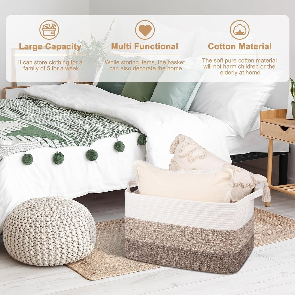 OIAHOMY Large Blanket Basket, 65L Cotton Rope Woven Laundry Basket, Toy Bin for Baby Room, Container for Blanket Storage in Living Room, 20''×16''×12'', Gradient Brown