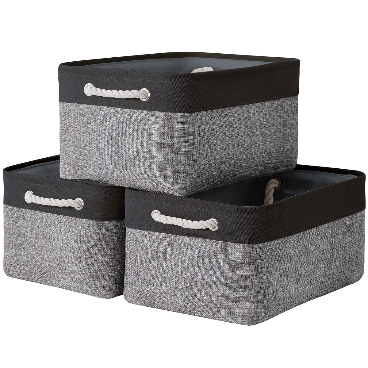 TheWarmHome Storage Basket for Organizing - Medium 3 Pack 14x10x7 inch Fabric Storage Cubes for Shelves with Rope, Collapsible Storage Bin for Organizer Closet Cloth Gift Toy (White & Jean Blue)
